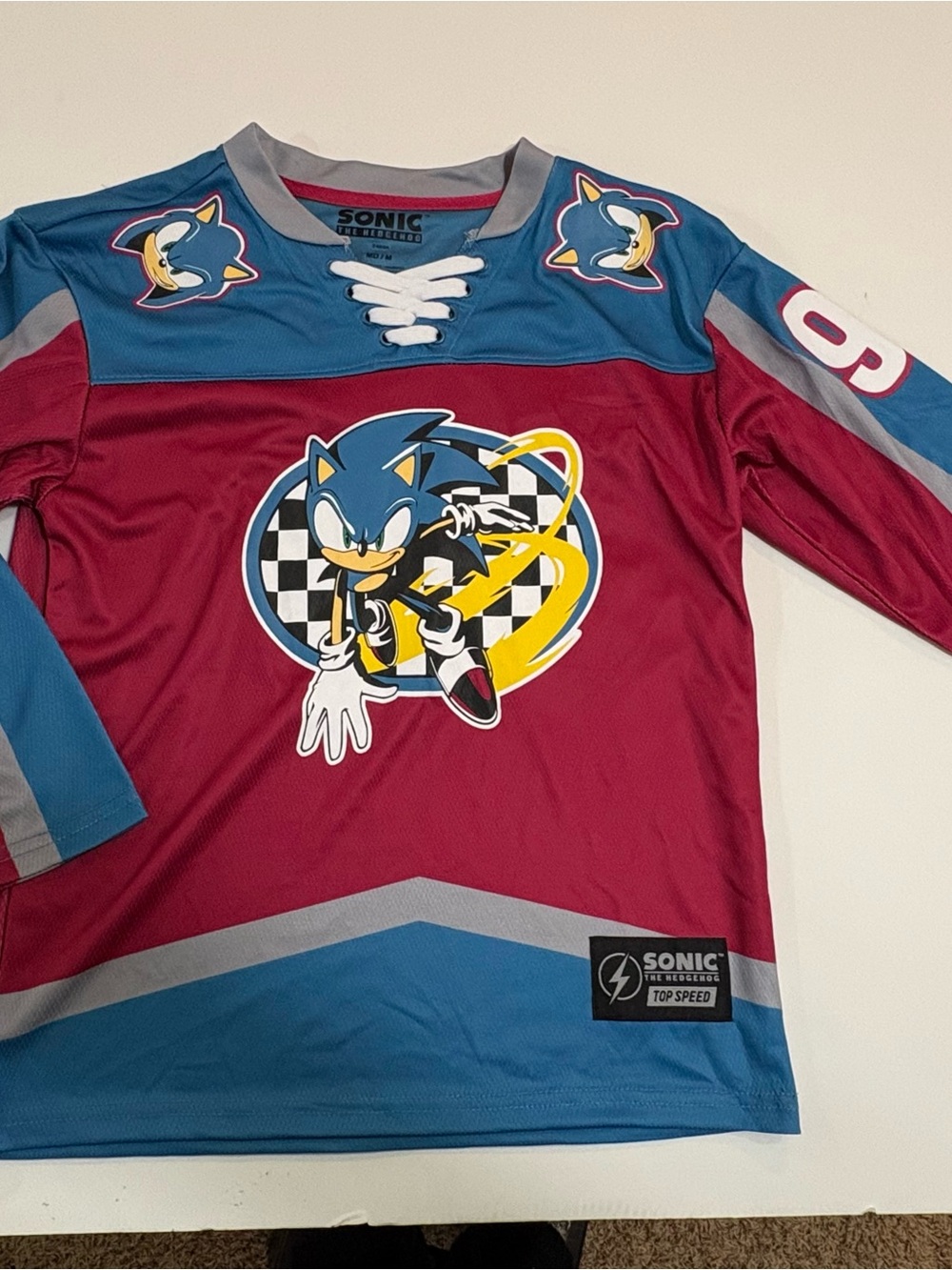 Sonic The Hedgehog Kids' Burgundy & Blue Hockey Jersey Top | Size Medium